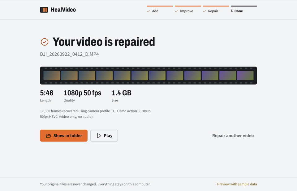 The Done step showing a repaired video, its length and quality